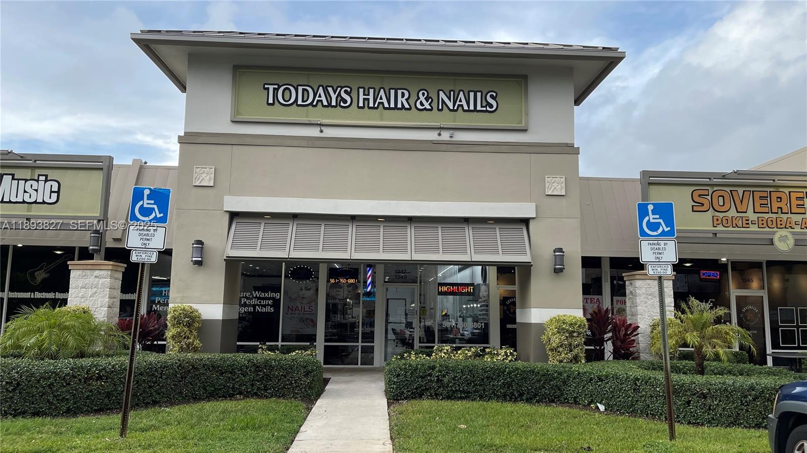 Storefront of a hair and nail salon for sale at 1347-1349 W Palmetto Park Road, Boca Raton, FL