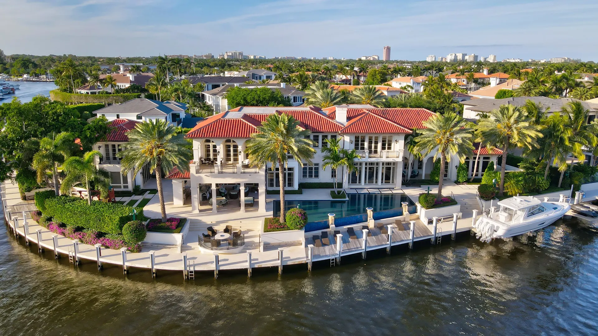 Aerial view of waterfront homes and canals in Boca Raton, Florida