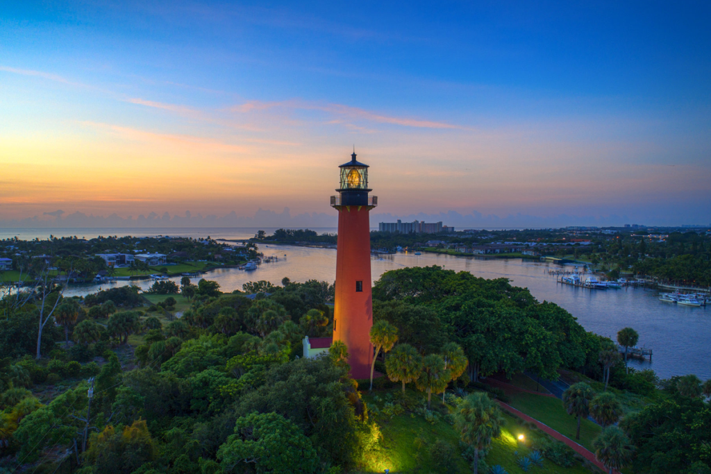 The red Jupiter Inlet Lighthouse in Jupiter, Florida